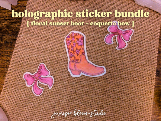 cowboy boot & bows holographic sticker bundle  |  western summerween sticker pack