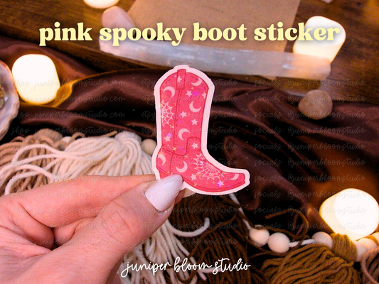 hot pink cowboy boot holographic sticker  |  spooky western halloween sticker