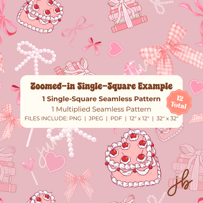 pink coquette bows & cake digital seamless pattern | coquette print at home downloadable digital pattern