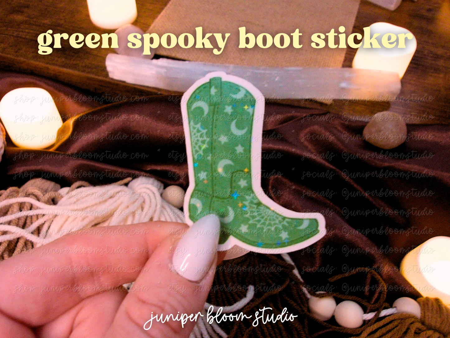 green cowboy boot holographic sticker  |  spooky western halloween sticker