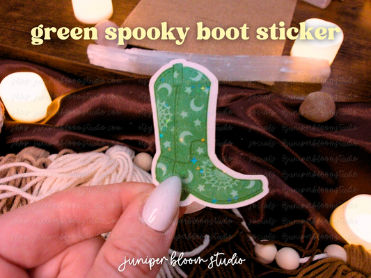 green cowboy boot holographic sticker  |  spooky western halloween sticker