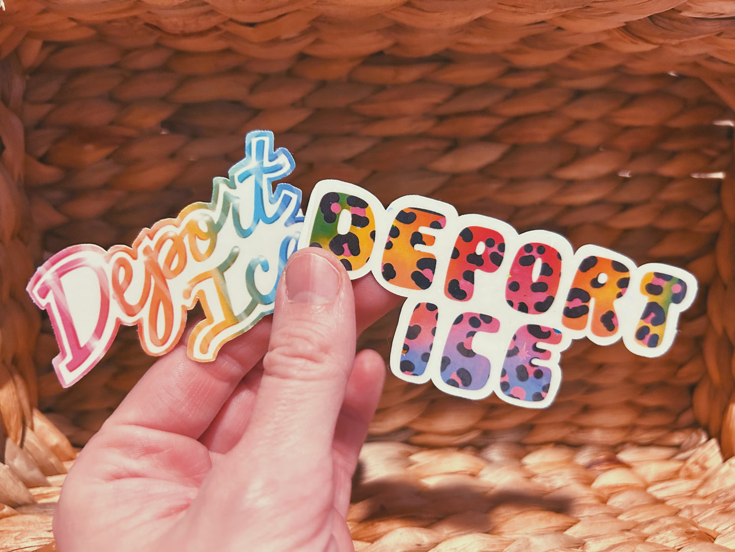 rainbow leopard "deport ice" sticker  |  sparkly and colorful holographic sticker (CHIRLA collection)