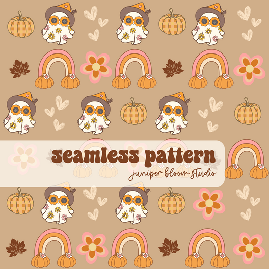 cute autumn ghosts digital seamless pattern | retro groovy fall print at home downloadable digital pattern
