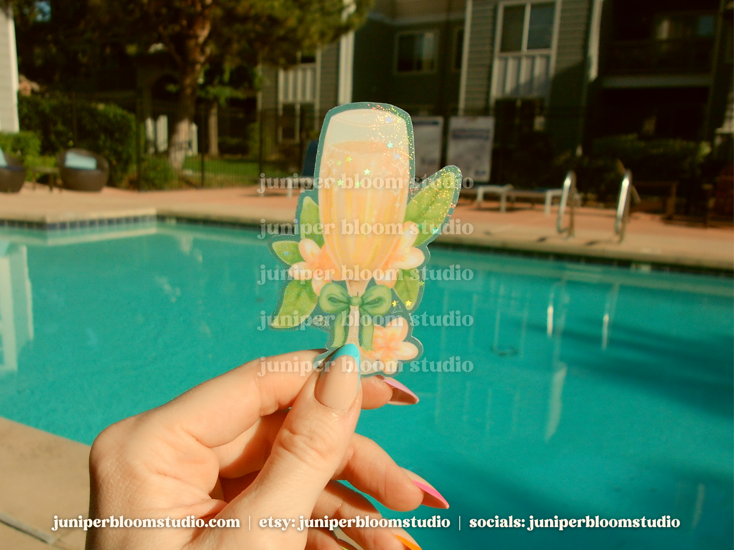 coquette champagne sticker | summer drinks and bows holographic sticker