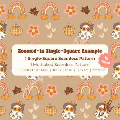cute autumn ghosts digital seamless pattern | retro groovy fall print at home downloadable digital pattern