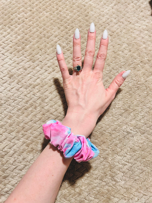 cotton candy scrap scrunchie  |  pink and blue cloud hair scrunchie