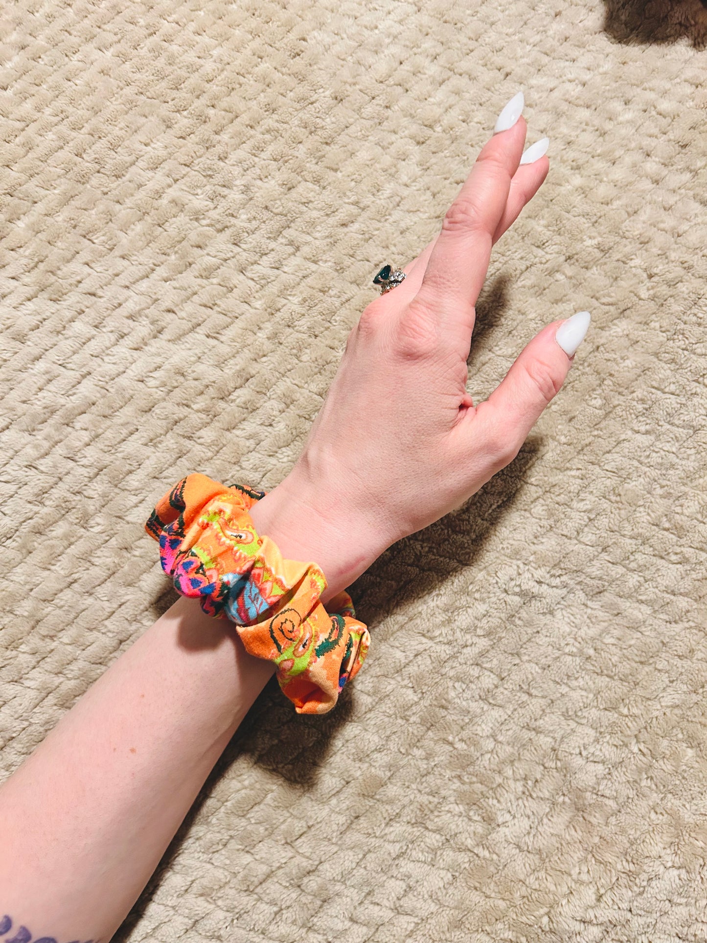 paisely orange scrap scrunchie  |  retro orange hair scrunchie