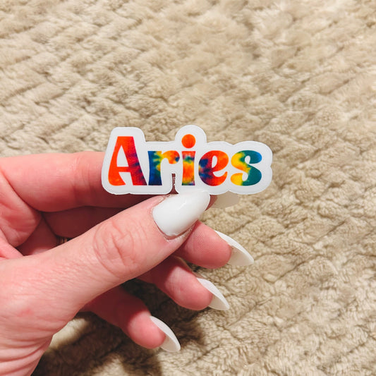 groovy tie-dye aries zodiac sticker  |  clear border rainbow astrological sign sticker