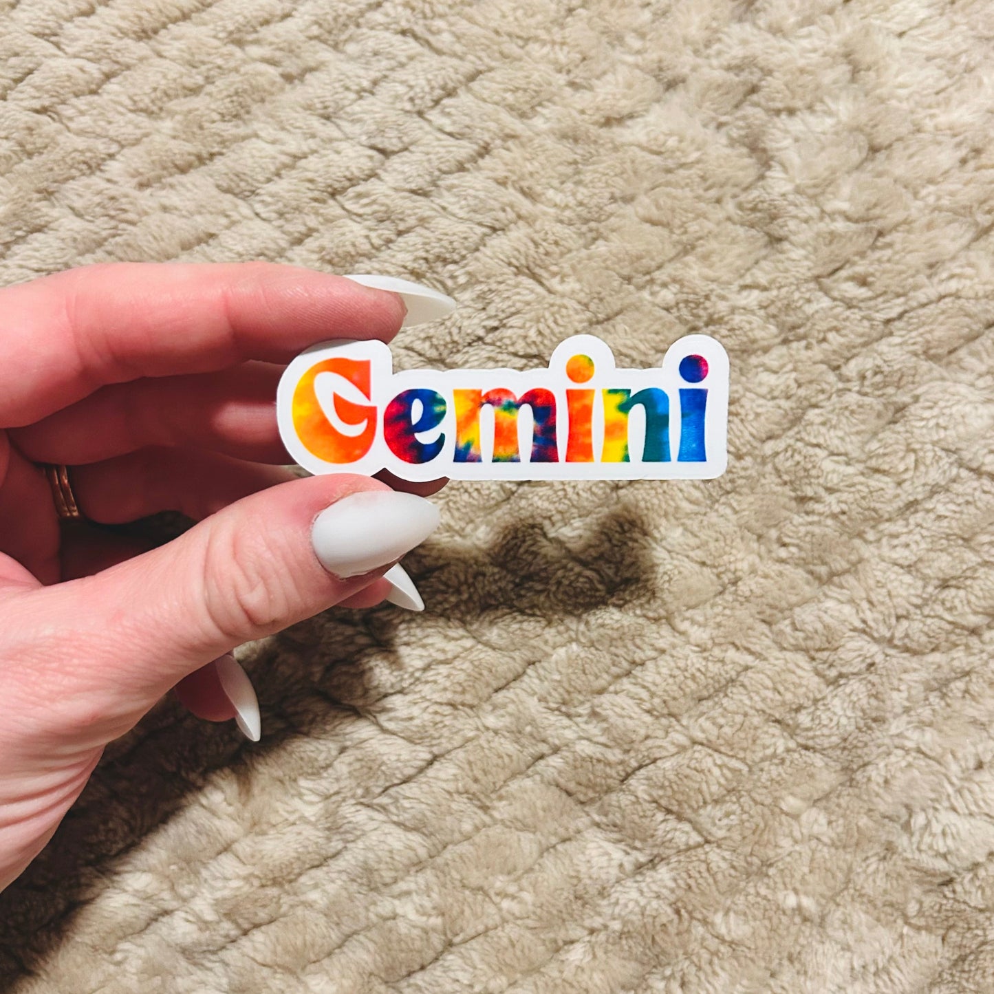 groovy tie-dye gemini zodiac sticker  |  clear border rainbow astrological sign sticker