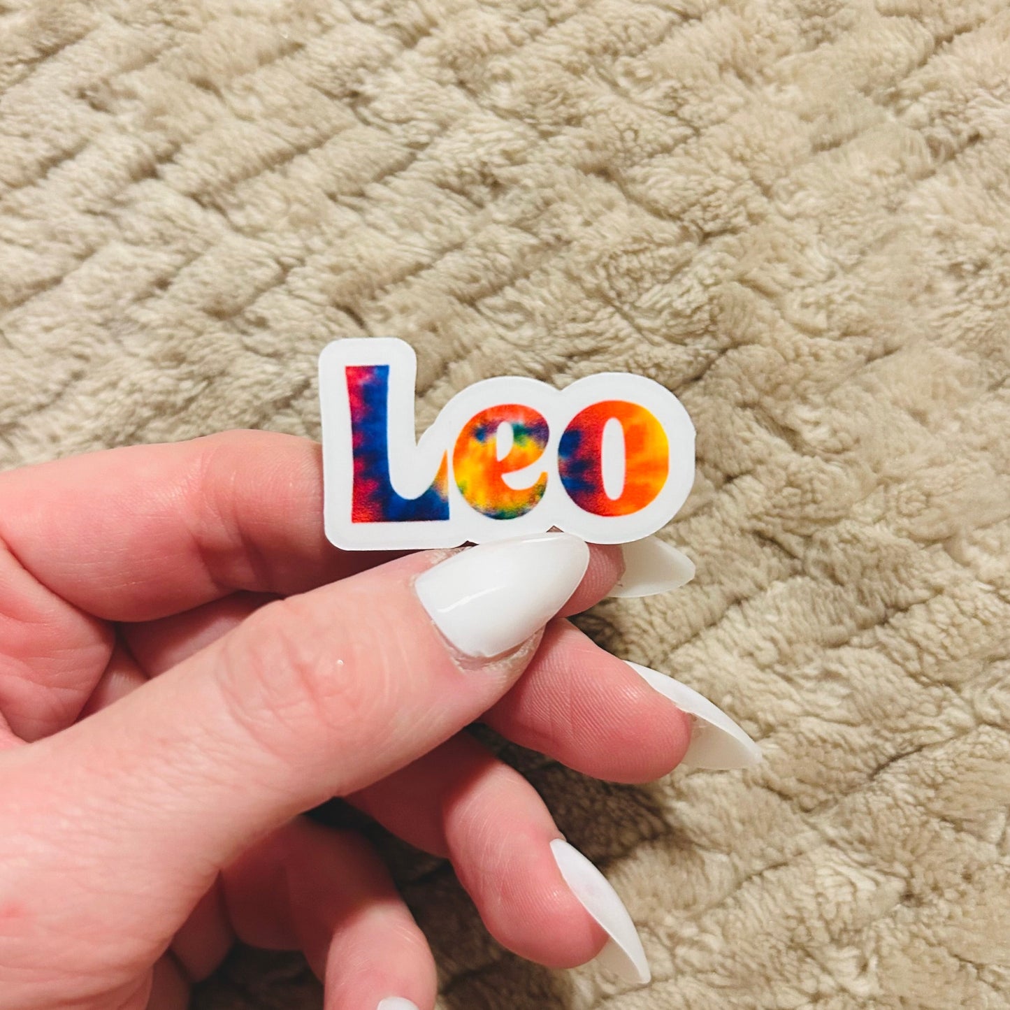 groovy tie-dye leo zodiac sticker  |  clear border rainbow astrological sign sticker