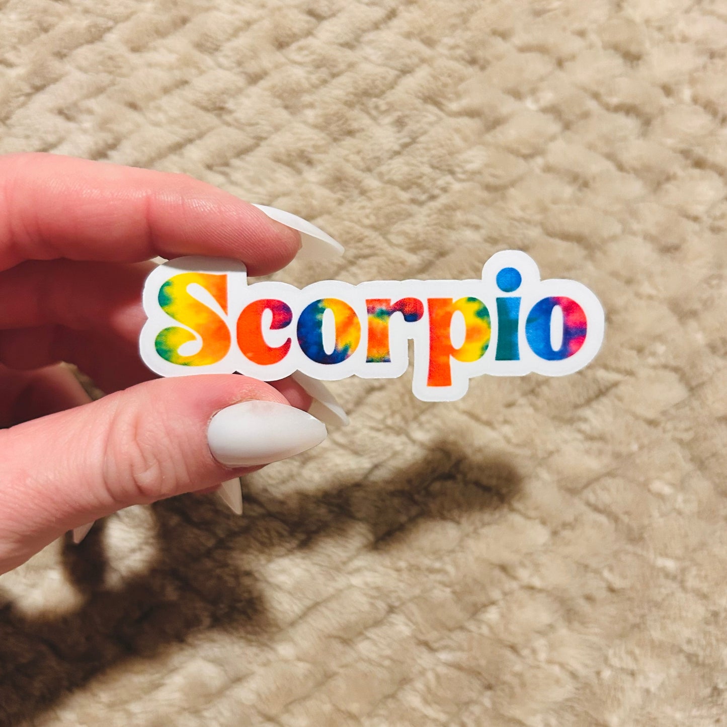 groovy tie-dye scorpio zodiac sticker  |  clear border rainbow astrological sign sticker