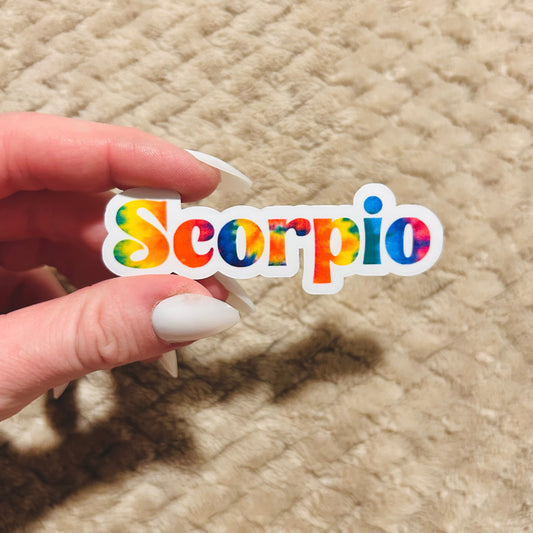 groovy tie-dye scorpio zodiac sticker  |  clear border rainbow astrological sign sticker