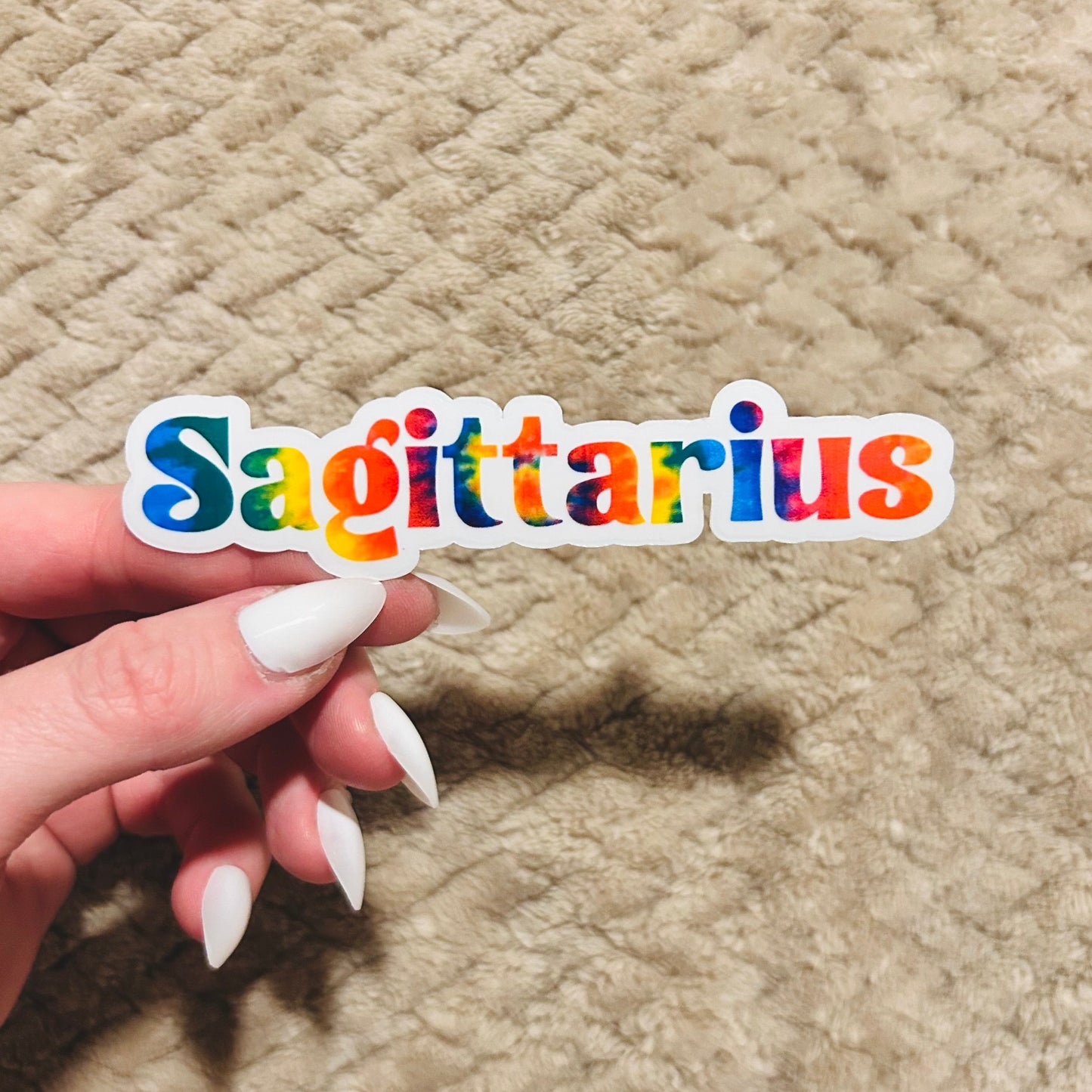 groovy tie-dye sagittarius zodiac sticker  |  clear border rainbow astrological sign sticker