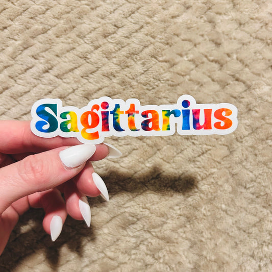 groovy tie-dye sagittarius zodiac sticker  |  clear border rainbow astrological sign sticker