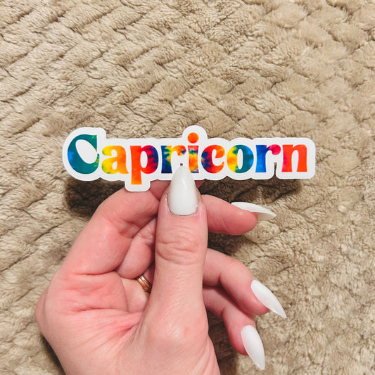 groovy tie-dye capricorn zodiac sticker  |  clear border rainbow astrological sign sticker