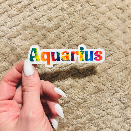 groovy tie-dye aquarius zodiac sticker  |  clear border rainbow astrological sign sticker