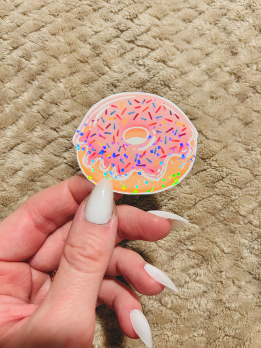 pink sprinkle donut sticker  |  holographic donut sticker