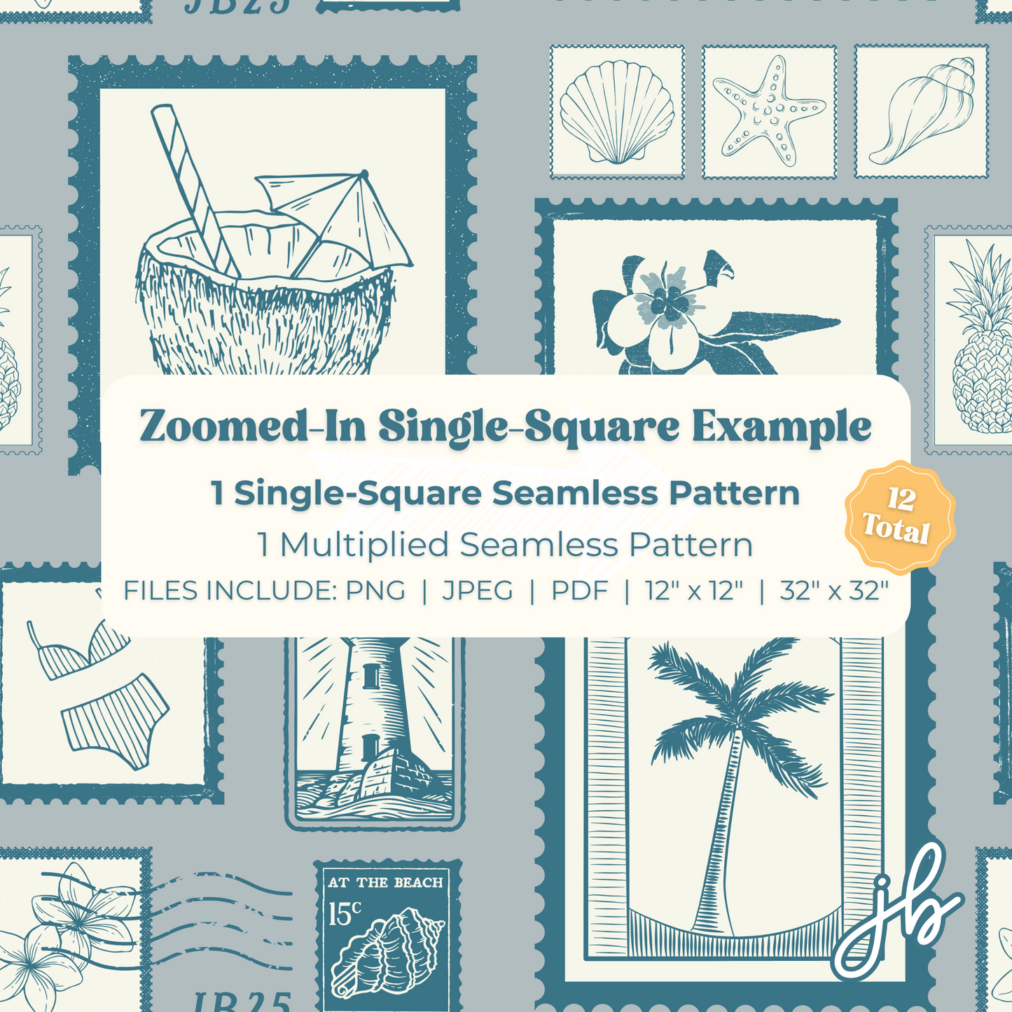 coastal chic digital seamless pattern | seaside stamps print at home downloadable digital pattern