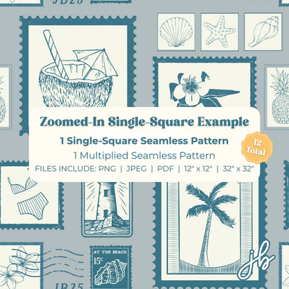 coastal chic digital seamless pattern | seaside stamps print at home downloadable digital pattern