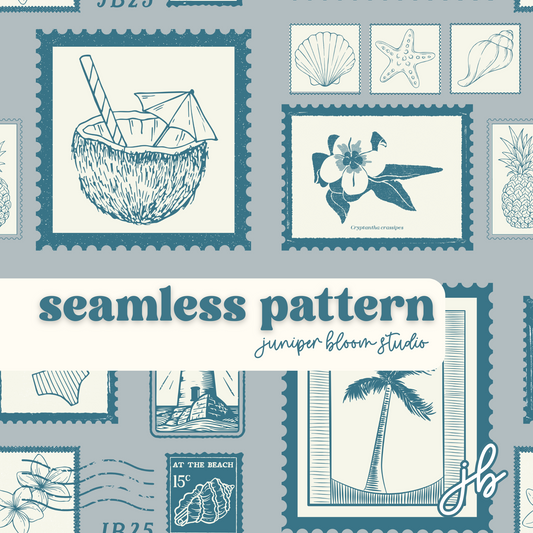 coastal chic digital seamless pattern | seaside stamps print at home downloadable digital pattern