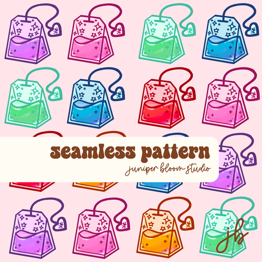 rainbow tea digital seamless pattern | teabags print at home downloadable digital pattern hand-drawn