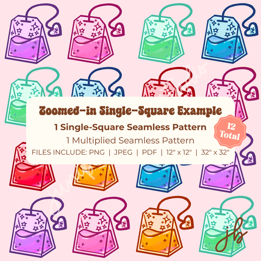 rainbow tea digital seamless pattern | teabags print at home downloadable digital pattern hand-drawn
