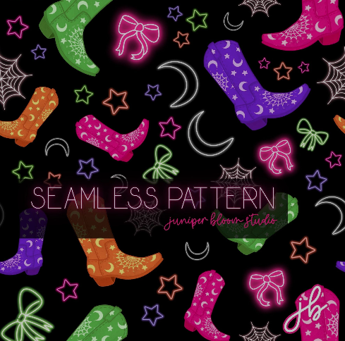 neon cowboy boots digital seamless pattern | halloween vaporwave western coquette print at home downloadable digital pattern
