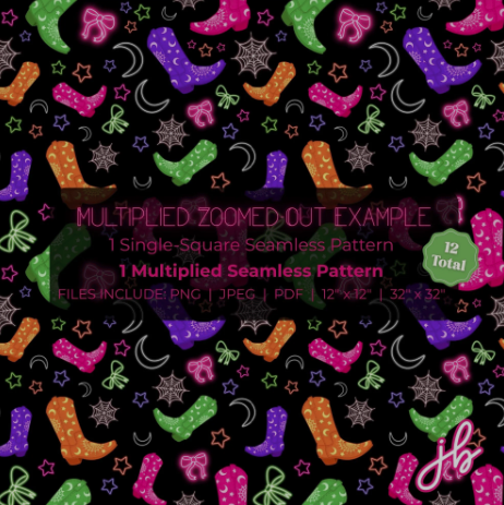 neon cowboy boots digital seamless pattern | halloween vaporwave western coquette print at home downloadable digital pattern