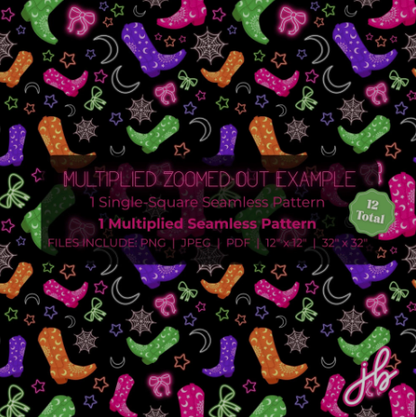 neon cowboy boots digital seamless pattern | halloween vaporwave western coquette print at home downloadable digital pattern